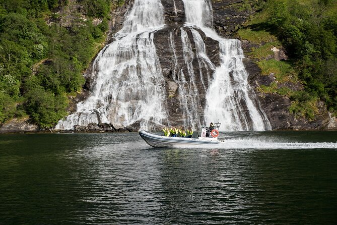 Geiranger: RIB Fjordsafari Geirangefjord - Friaren, folklore, and the view back across the fjord