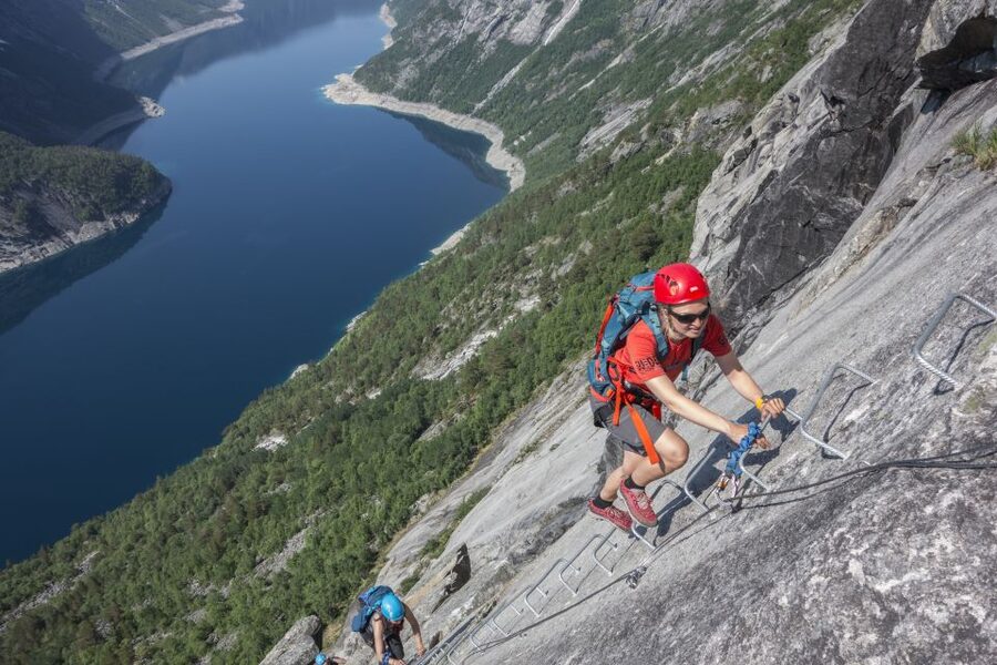 Odda: Full-Day Trolltunga Hiking, and Climbing Tour - The steep approach to the climbing wall