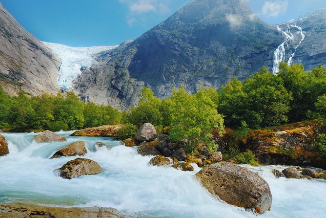 Olden Shore Excursion: the Amazing Briksdal Glacier - Waterfalls, river spray, and the glacier lake